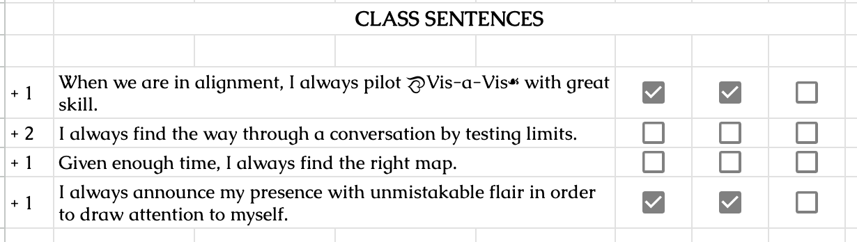 A series of four class sentences for a Realis character: "When we are in alignment, I always pilot ❧Vis-a-Vis☙ with great skill," "I always find the way through a conversation by testing limits," "Given enough time, I always find the right map," and "I always announce my presence with unmistakable flair in order to draw attention to myself."