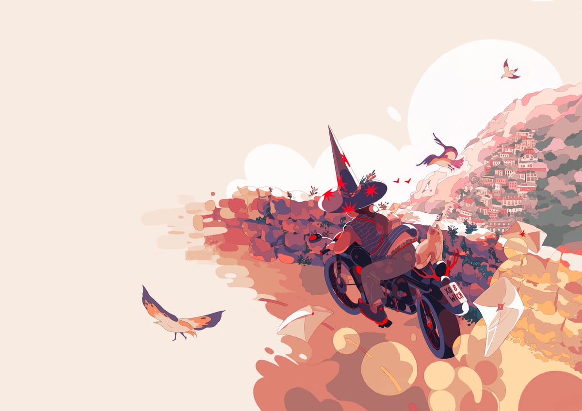 Digital drawing of a witch on a motorcycle by a city