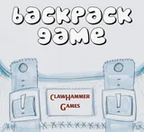 A blue and white water color sketch of a rucksack, titled "BACKPACK GAME" and labelled with a suspiciously Jansport-esque "Clawhammer Games" brand logo